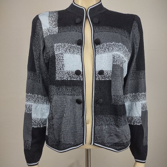 Ming Wang black blue gray color block single clasp cardigan jacket womens Medium - Picture 1 of 7